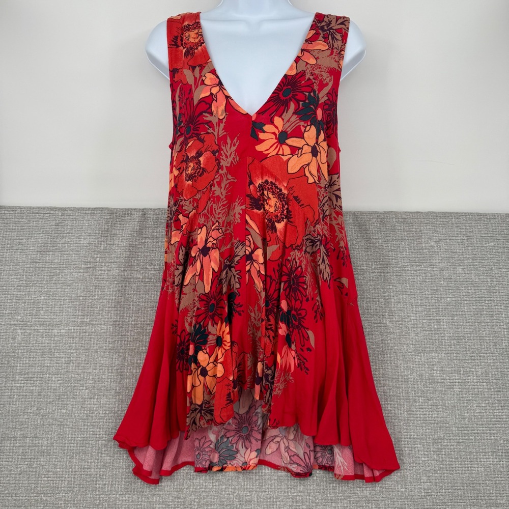Free People Floral Sleeveless Tunic Top Mini Dress Women XS Red Boho High Low
